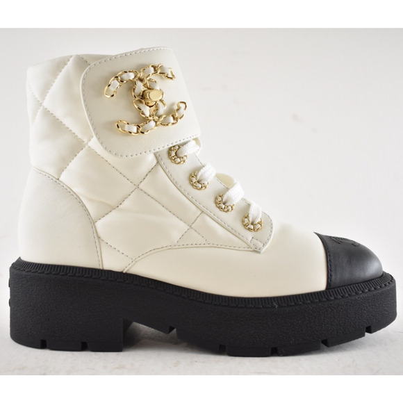 CHANEL Shoes - Chanel 24B White Quilt Gold CC Chain Combat Black Platform Ankle Short Boots 37c